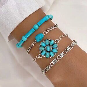 Blue Turquoise Silver Bracelets 4-Piece Set Boho Flower Tribal Style Jewelry New